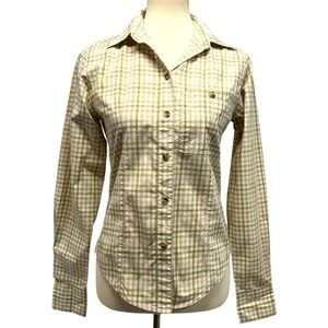 Filson Cotton Tan & Green Plaid Long Sleeve Button Front Shirt Women’s Small